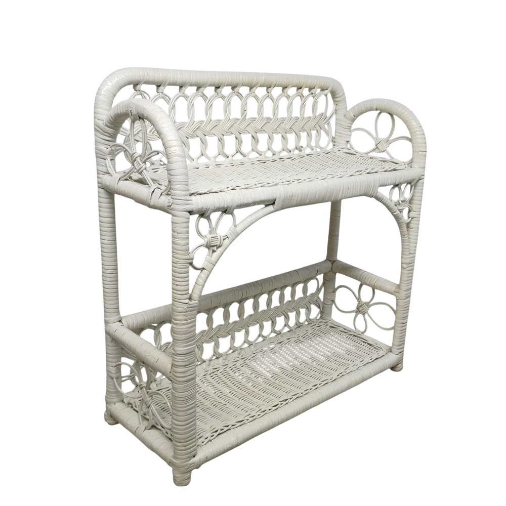 Vintage Boho Woven Wicker Bamboo Rattan Hanging Display Wall Shelf White 17x17"